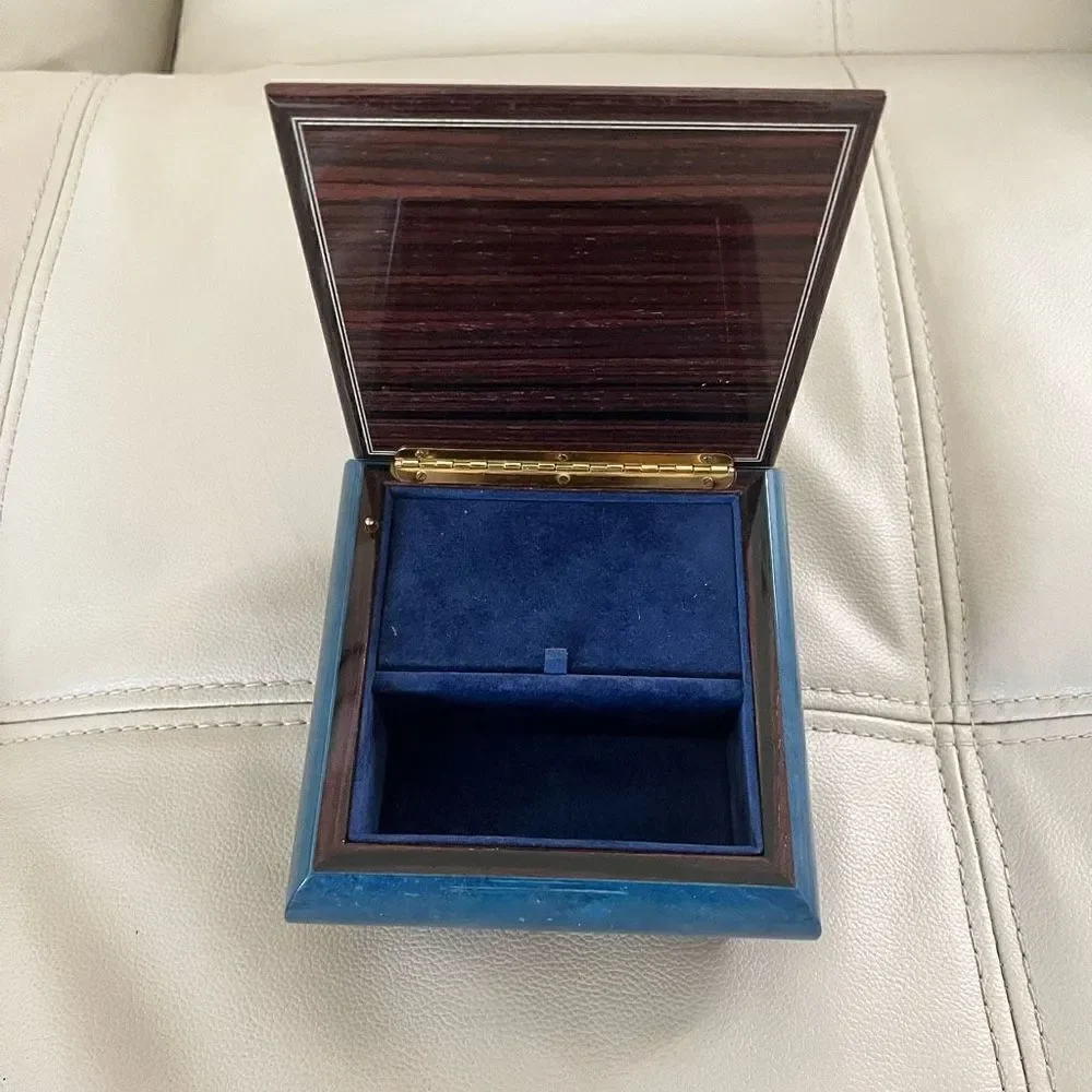 Vintage Italian Inlay Dark Blue Musical Jewelry Box